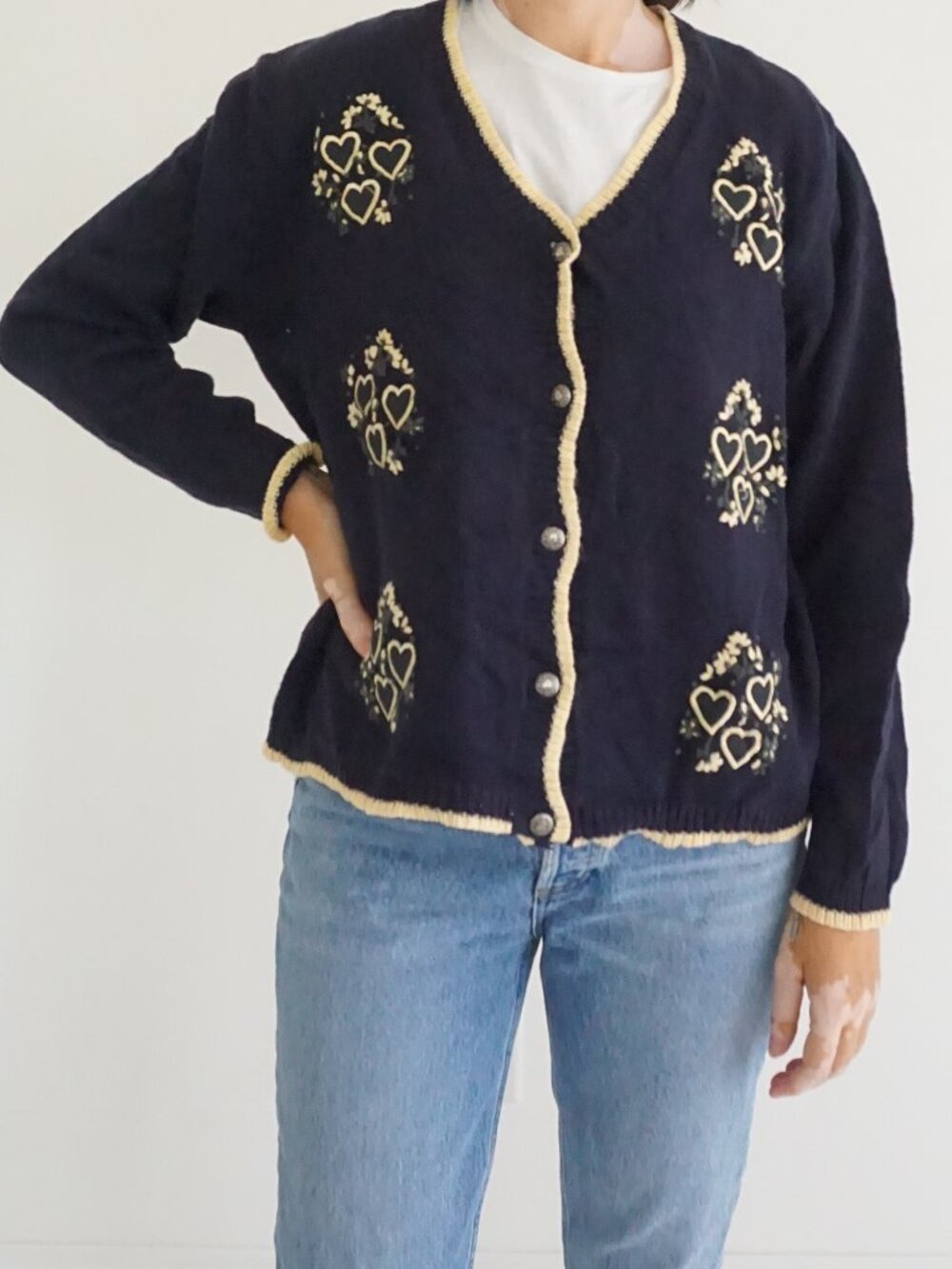Vintage Christopher & Banks Navy Heart Floral Hand Embroidered Cotton Cardigan M